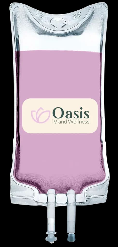 IV Bag with pink liquid with Oasis IV and Wellness logo