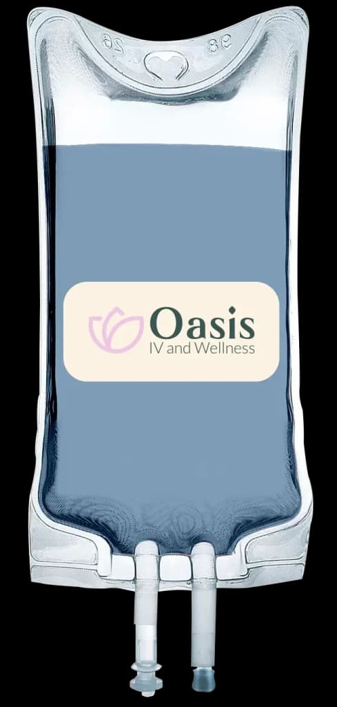 IV Bag with blue liquid with Oasis IV and Wellness logo