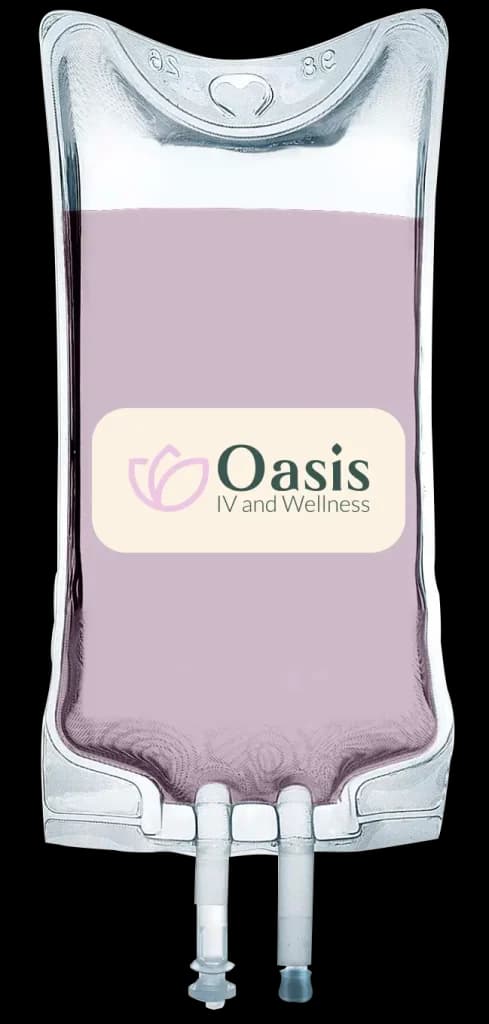 IV Bag with soft pink liquid with Oasis IV and Wellness logo
