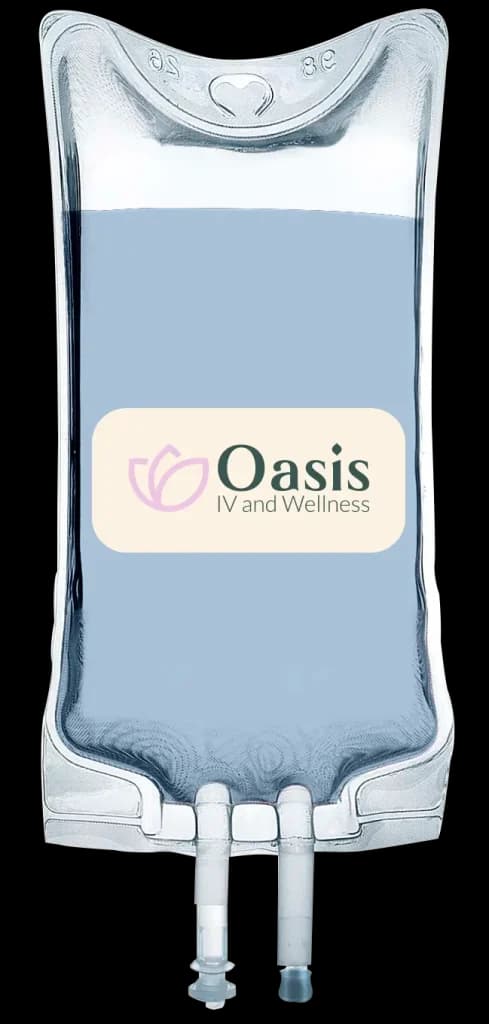 IV Bag with soft blue liquid with Oasis IV and Wellness logo